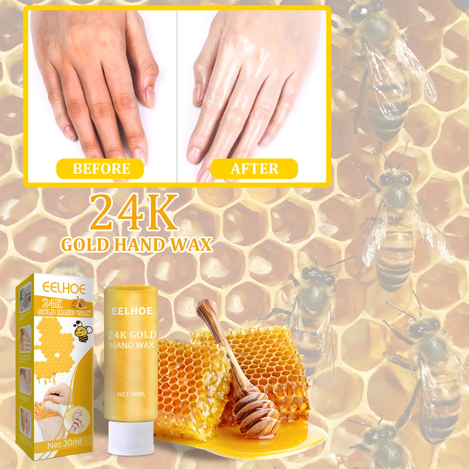EELHOE Hand Remover Dead Skin Peel Mask Whitening Moisturizing Honey 24k Gold Exfoliating Hand Wax Peeling Mask
