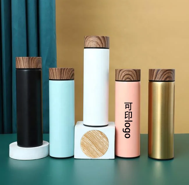 Custom 500ml Vacuum Flask Double Wall Stainless Steel Water Bottle With Wood Grain Lid