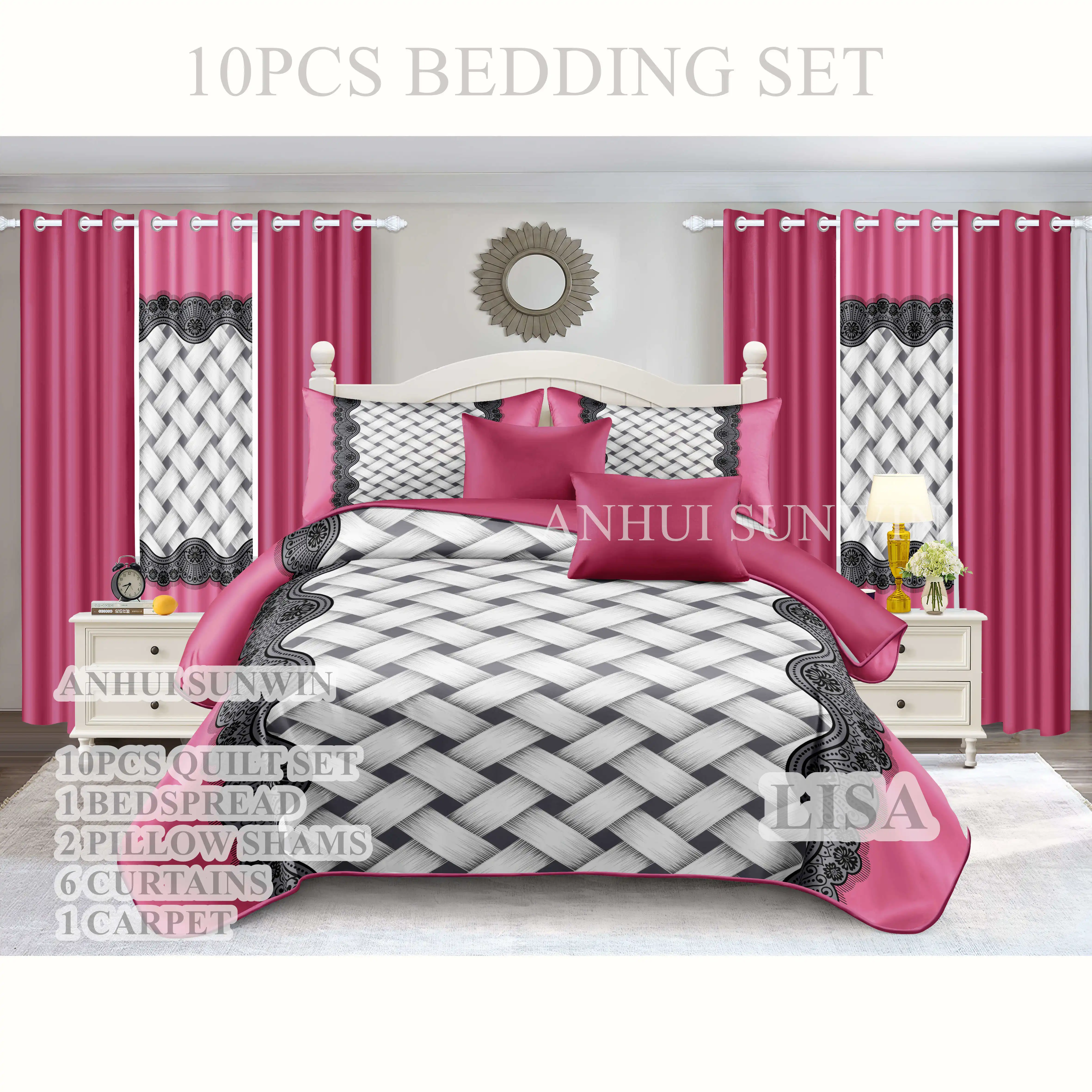 Butterfly print Pink Red blue 3d printed linen blend Custom multi king 10PCS Polyester Curtain bedding Set