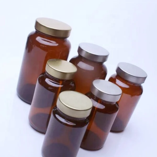 Wide mouth 2oz 4oz 8oz amber glass pill bottles with aluminum lined caps