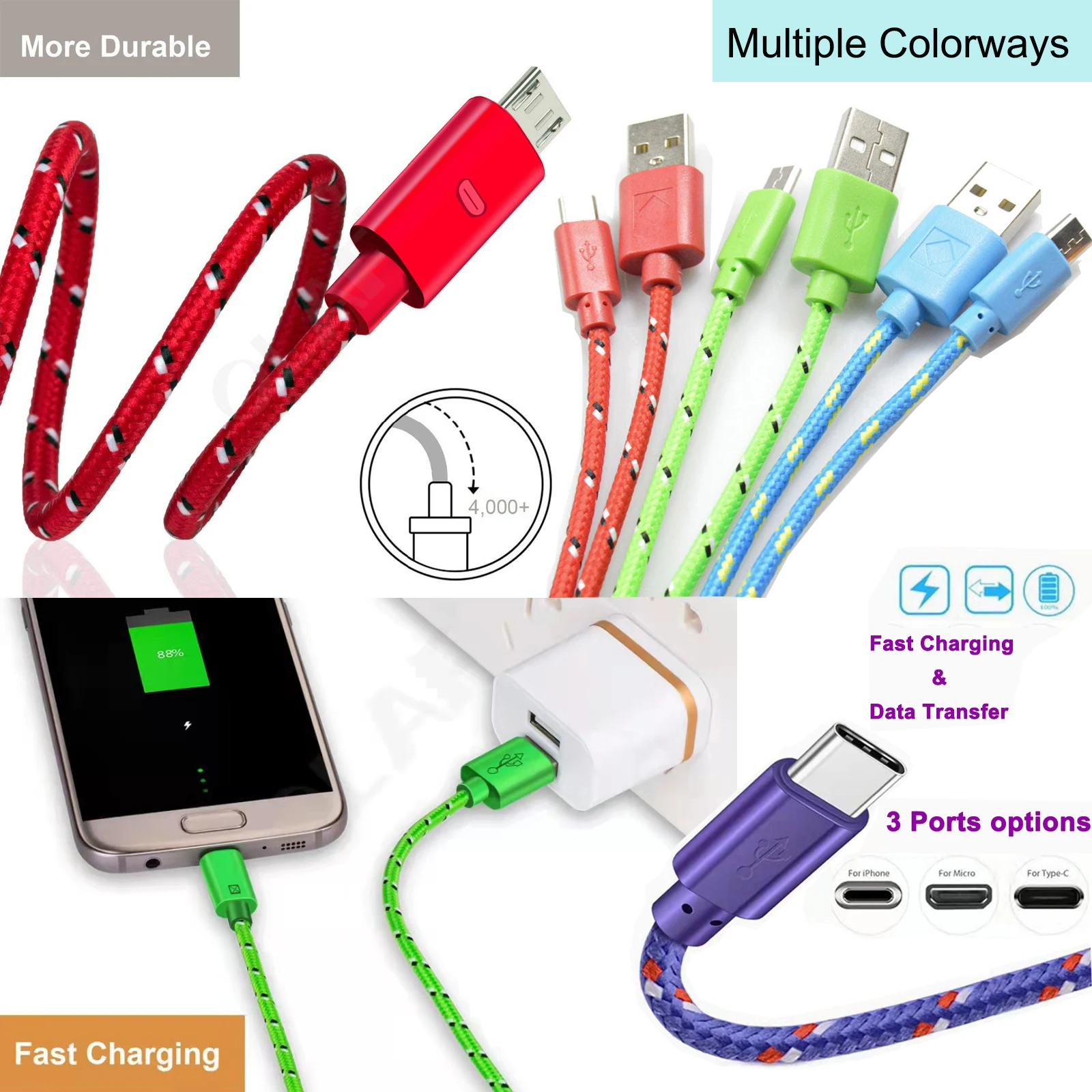 Nylon Braided Usb 2.0 Type C Charger Cable 2a Fast Micro Usb Charging Usb Data Cables