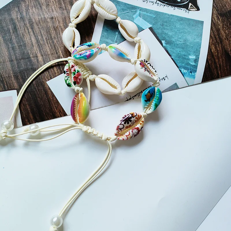 Bohemian Painted shell bracelet Summer Beach Ocean wax thread woven shell accessory bracelet Anklets for women