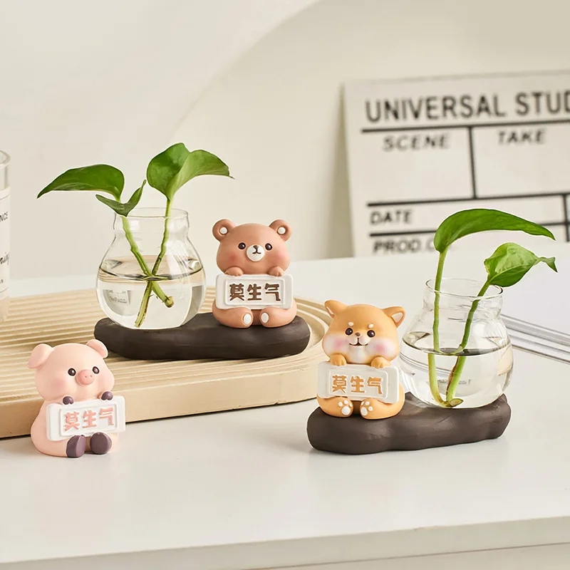 Cute little animal hydroponic vase Office desktop decompression decoration Transparent glass flower arrangement simulation of gr