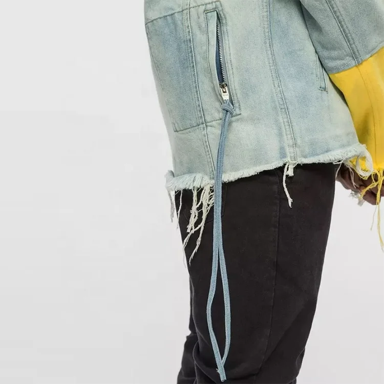 High Quality Custom Men Vintage Yellow Sleeve Slight Distressed Denim Jacket Men