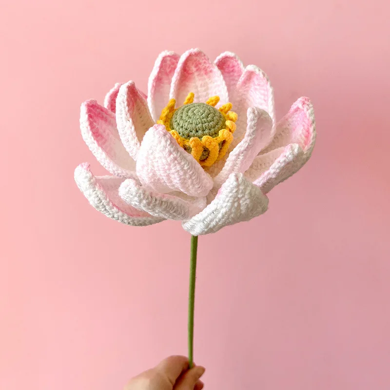 Crochet Lotus Flower Arrangement Desktop Art Ornaments Party Home Decoration Wool Knitting Eternal Flower