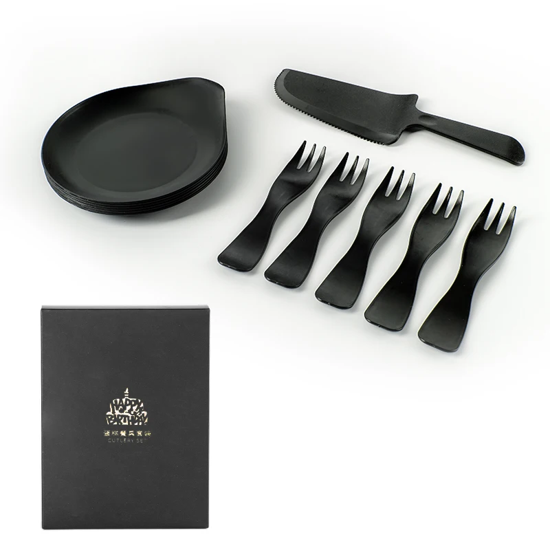 Black Plastic Plate Set Cutlery And Tray Set Party Supplies Box  Birthday Cake Disposable Tableware