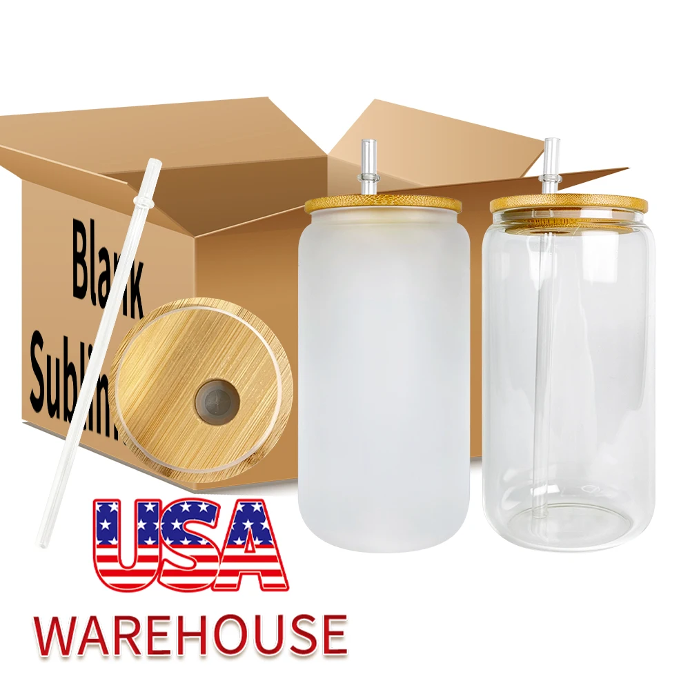 US warehouse Небьющийся 12oz 16oz 20oz стекло может матовое пива с бамбуковой крышкой DIY стаканы для