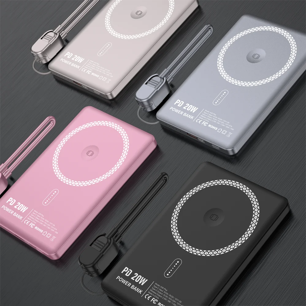 OEM ODM Portable Magnetic Power Bank PD20W Type c Port Wireless Charging 15W Ultra thin 5000mah Power Bank