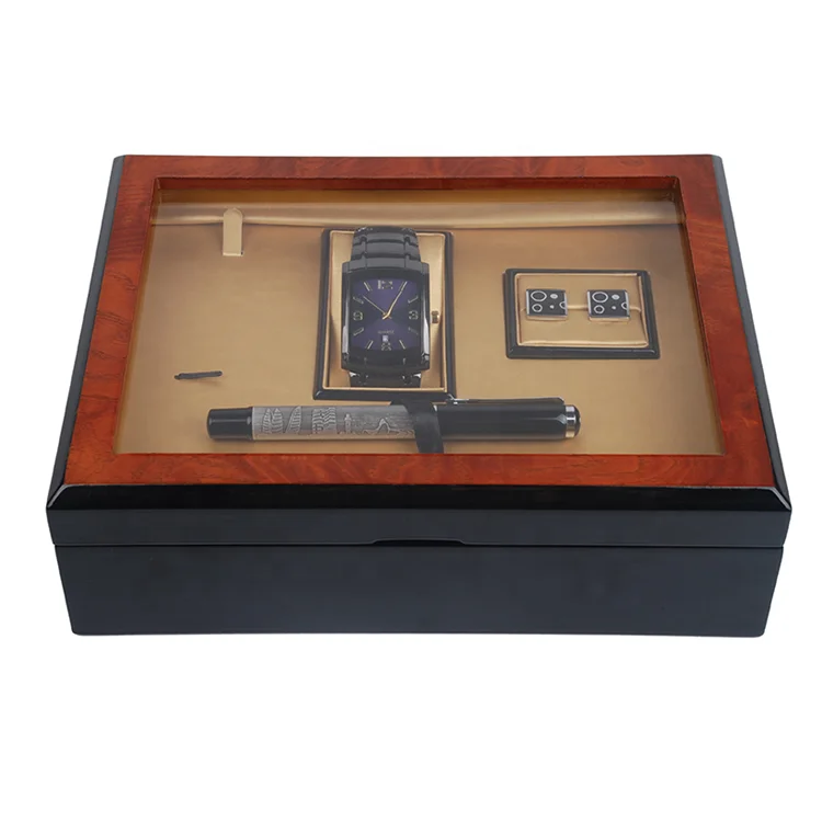 Luxury New Design Glossy Lacquer Glass Top Lid Wooden Cufflink Case