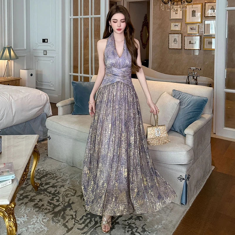 ZYHT 70278 Wholesale Halter Glitter Fabric Casual Summer Sleeveless Maxi Dresses Sundresses for Women
