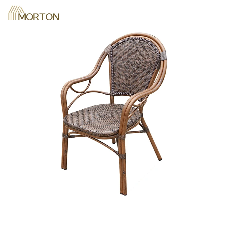 Classic French Cafe Chairs Arm Metal Wicker Rattan High Garden Chairs Outdoor Unique Restaurant Furniture