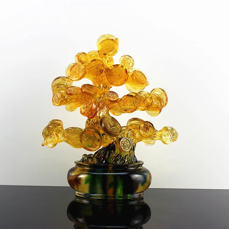 Feng Shui Lucky Fortune Money Tree Craft Liuli Crystal Chinese Multicolor 250*130*280mm Glass Gift Packaging Sculpture Folk Art