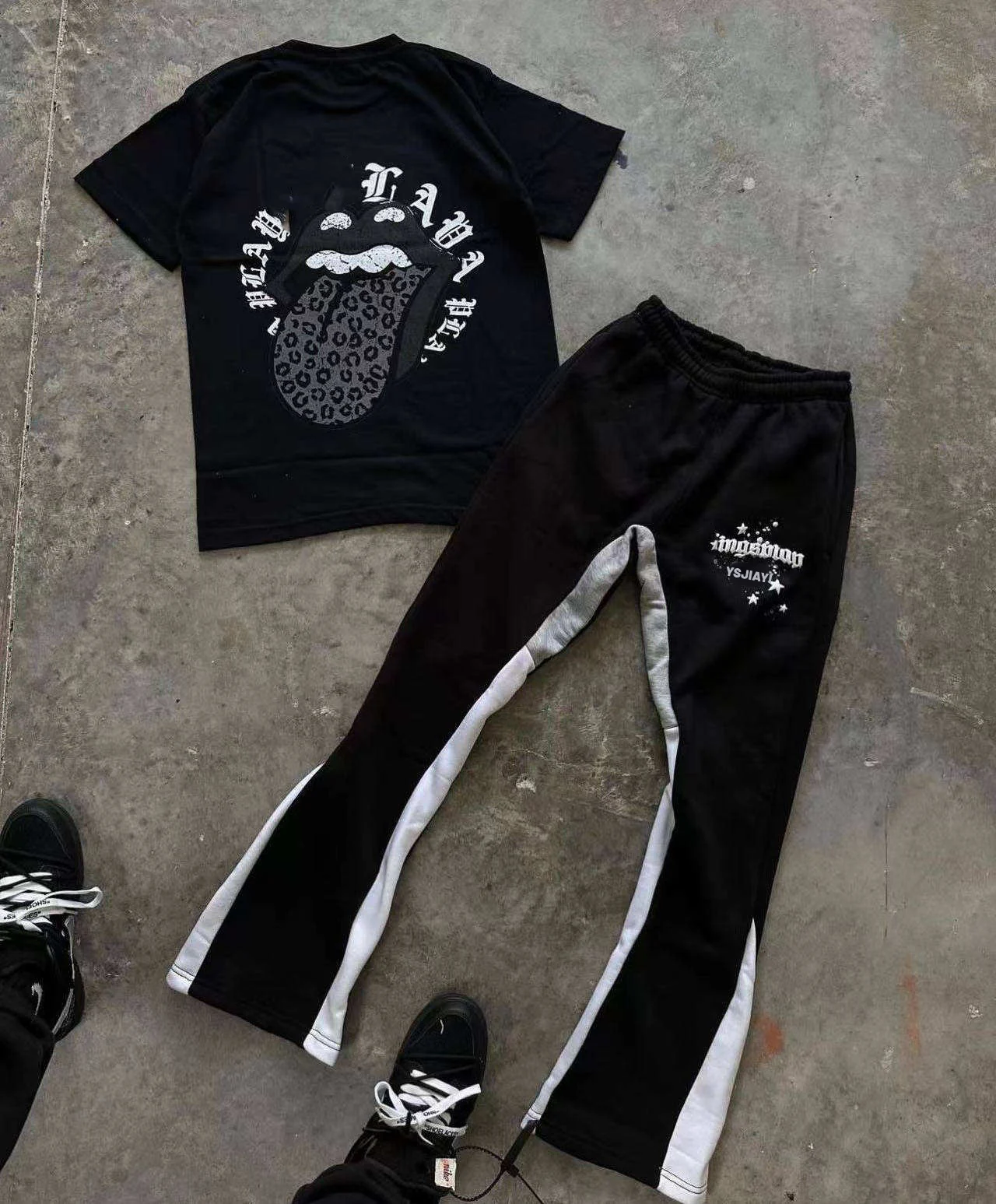 Custom Graphic Print T Shirt Flared Pant Set 3d Puff Print Logo Flared Pant Two Pieces Tracksuit Jogger Set