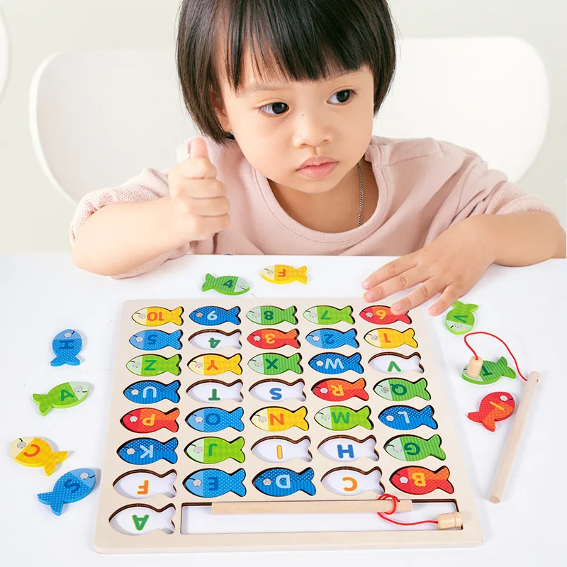 2023 new Wooden Magnetic Fishing Game Learning Toy Fish Catching Magnetic Puzzle With Numbers And Letters For Toddlers Toys