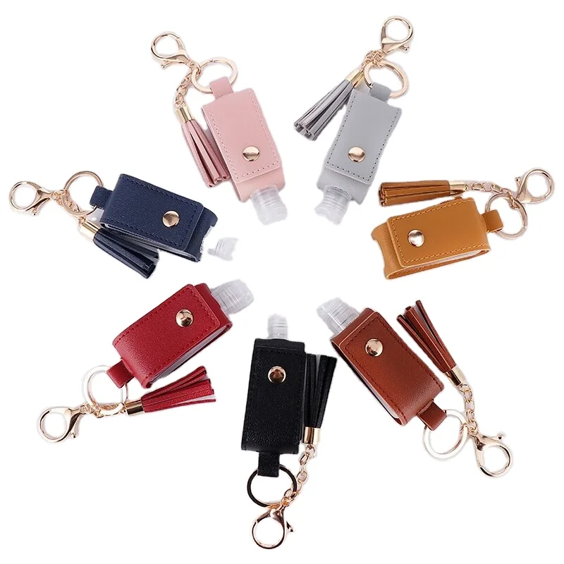 Custom logo PU Leather tassel 30ml PET bottle portable Hand Sanitizer Alcohol Bottle Holder empty spray travel bottle Keychain