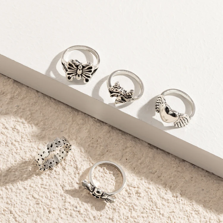 2021 new bee geometric ring retro silver flower heart-shaped wings ring set female