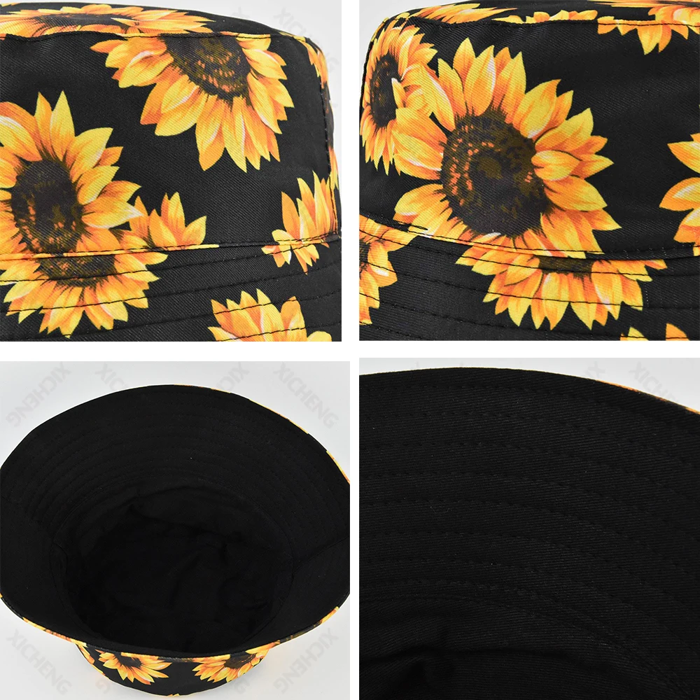 Wholesale unisex new sunflower-printed cotton polyester custom logo reversible bucket hat caps for women men