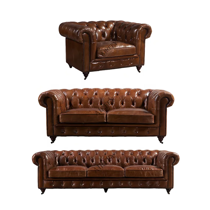 Vintage Genuine Leather Chesterfield Sofa Set for Living room Hotel Club Furniture
