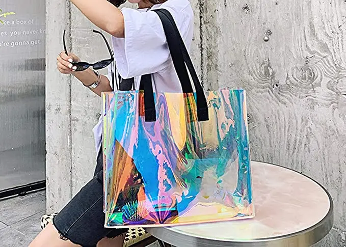 Fashion Iridescent  Handle Bags Capacity Promotional Custom Logo Size Holographic PVC Tote Bag