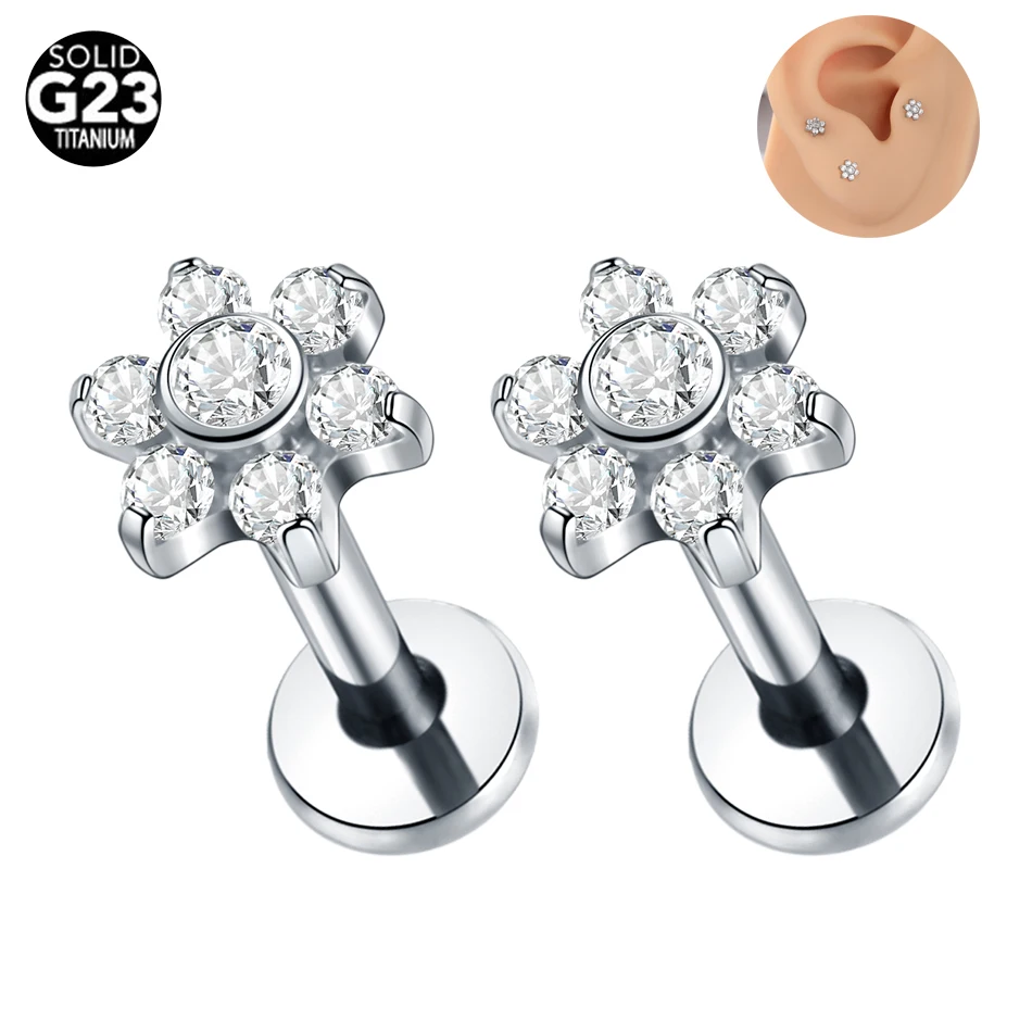 ASTM F136 Titanium 16G Internally Threaded Flower Zircon Labret Piercing Ear Stud Tragus Body Piercing Jewelry