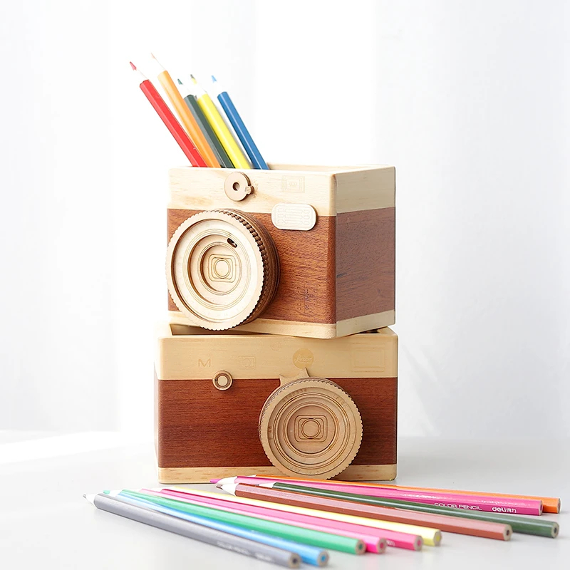 New European small camera shape pen holder creative household storage box desktop debris student stationery wooden organizer box