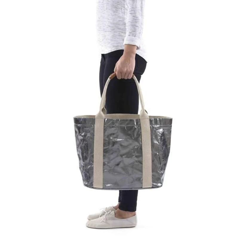 Eco Friendly Leisure Washable Kraft Paper Silver Metallic Tote Bag With Custom Printed Logo