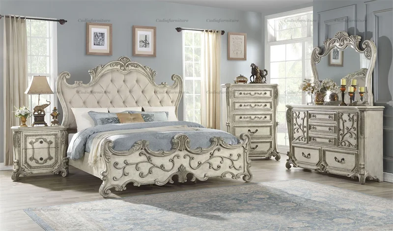 Роскошная дизайнерская двуспальная кровать rococo французская роскошная большого размера резная мебель для спальни с Кремовым ночным столом