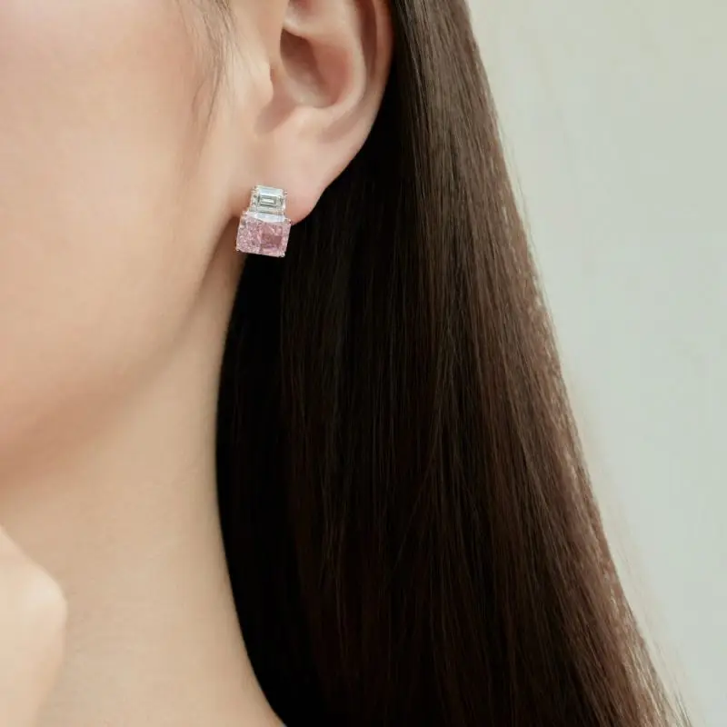 S925 Sterling Silver Pink White And Yellow Synthetic Gemstone Zircon Earrings Jewelry Women Clear Stud Earrings