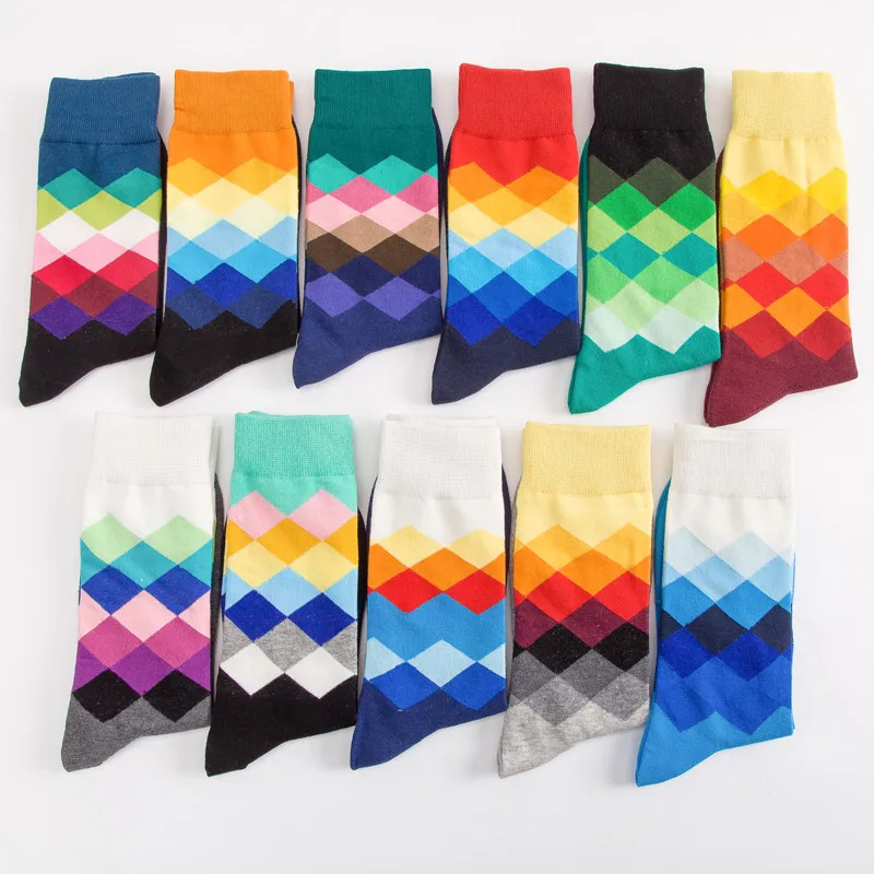 
colorful socks diamond pattern fashion cotton in tube socks warm winter socks for men wholesale 