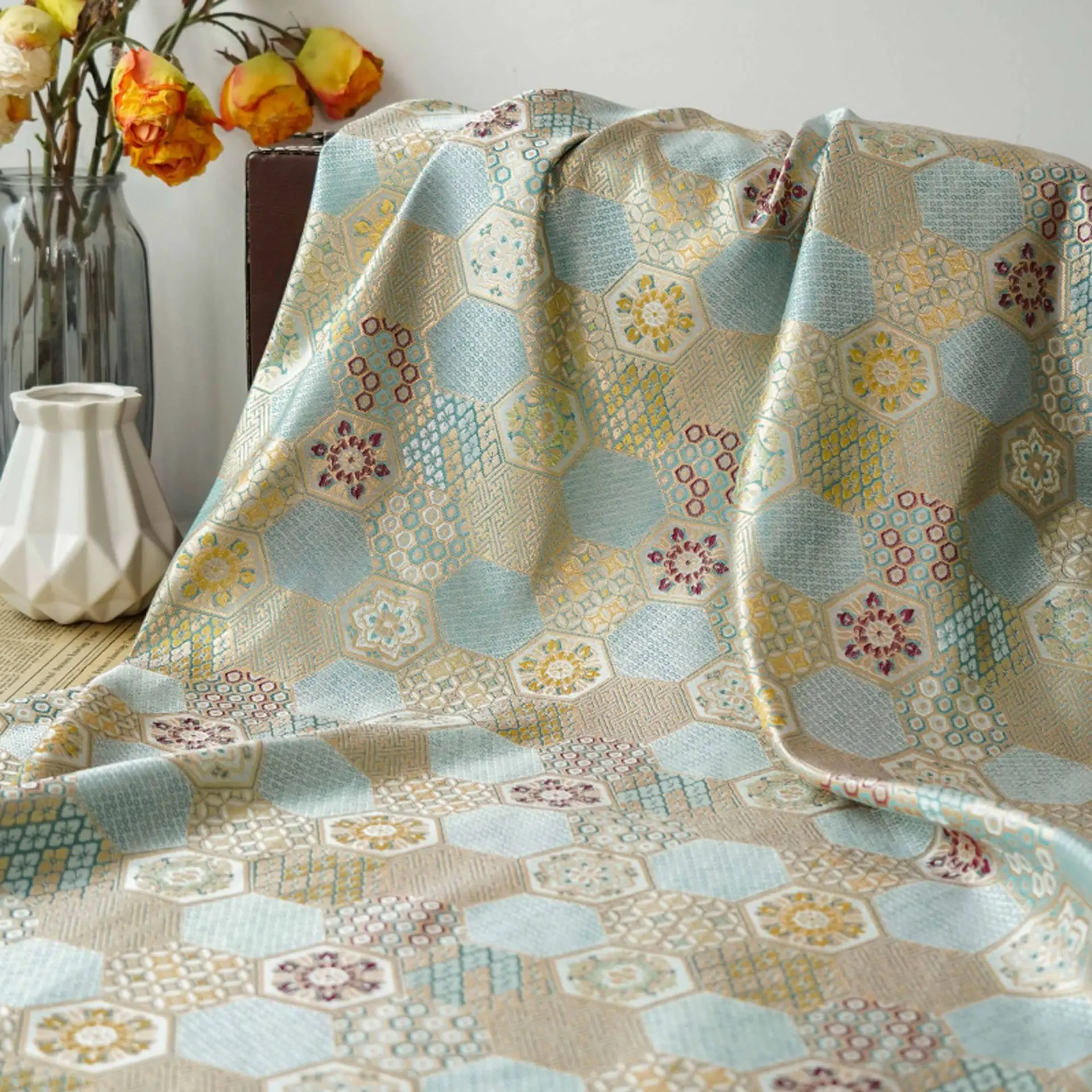 Пряжа окрашенная парчовая жаккардовая ткань зеленого цвета для металлического платья роскошная мужская