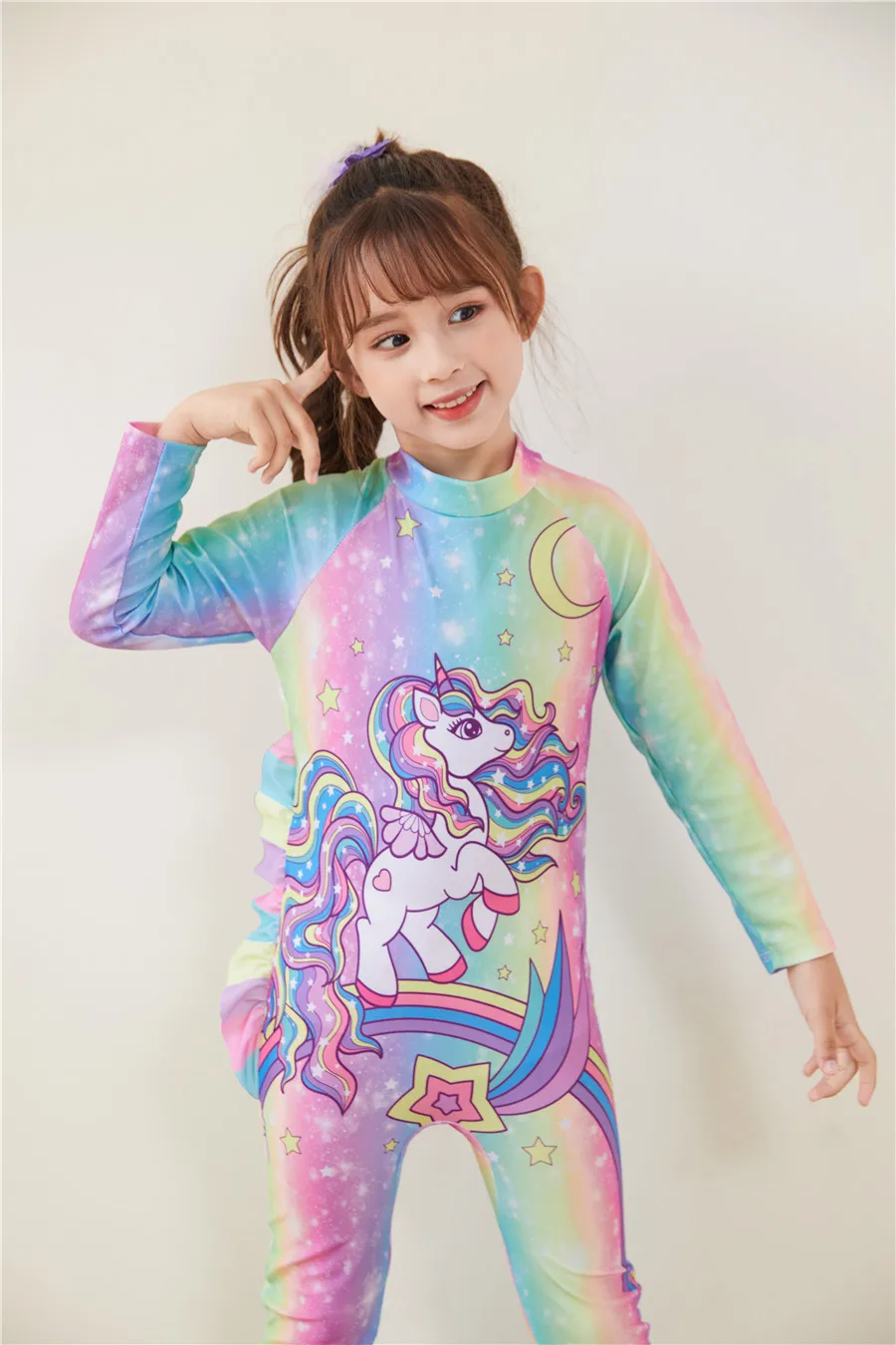 New One Piece Girls Swimsuit Long Sleeve Beach Bathing Suit Children Swimwear with Sunhat  Factory wholesale