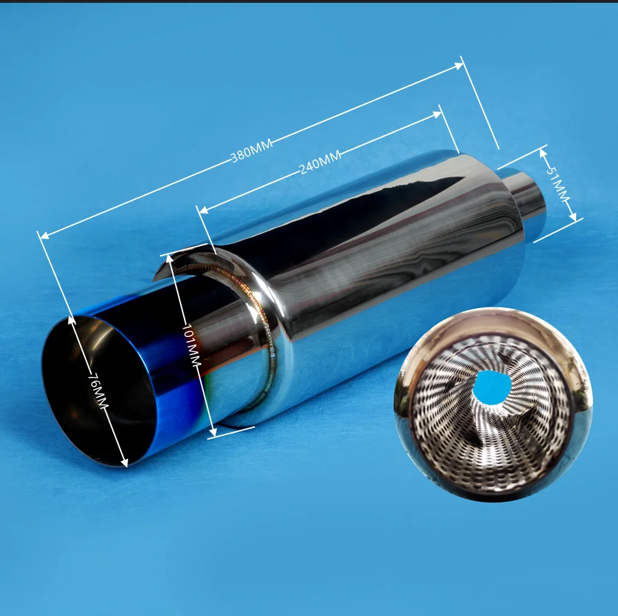 Car modification stainless steel scroll blue plated 4 inches car muffler for sports sound exhaust muffler car