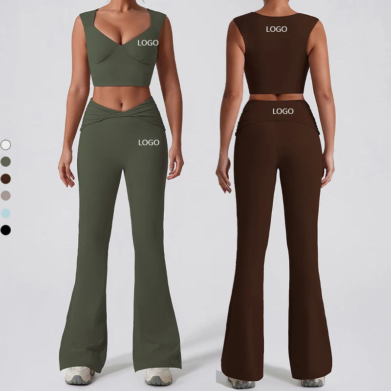 XW-YW516+KW403Wholesale hot sale chest pad tops pleated cross design bell bottom pants casual sports yoga gym women Sets