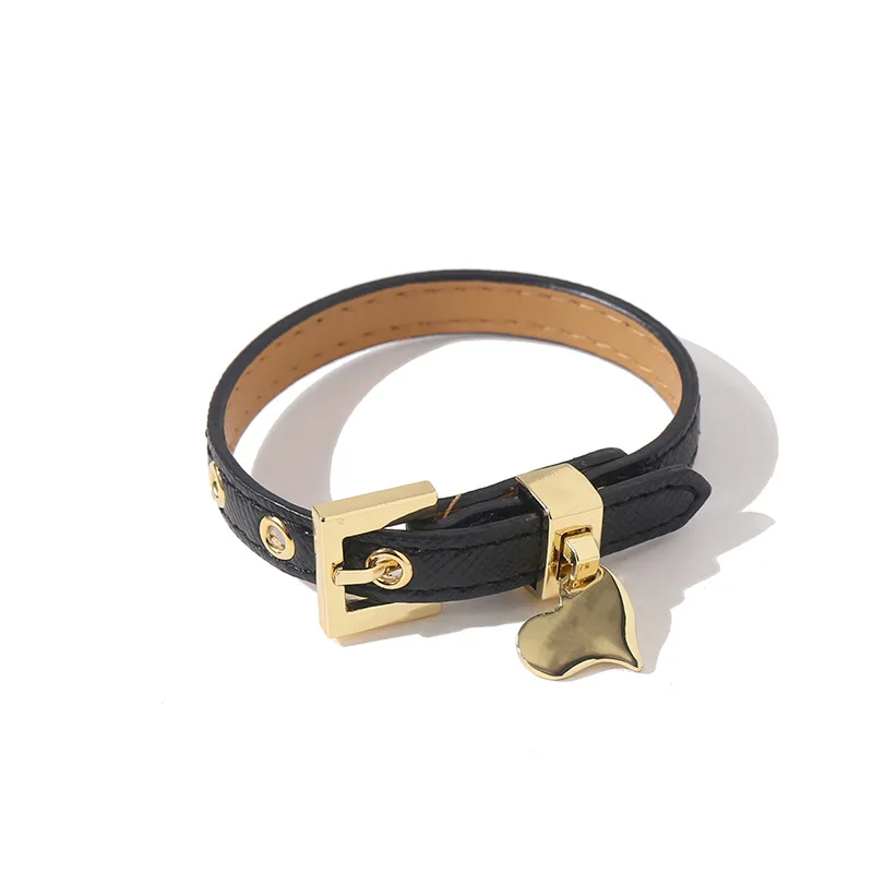 Cool High Quality Cowhide Leather Bracelets 18K Gold Plated Stainless Steel Square Buckle Bead Love Heart Pendant Bracelets