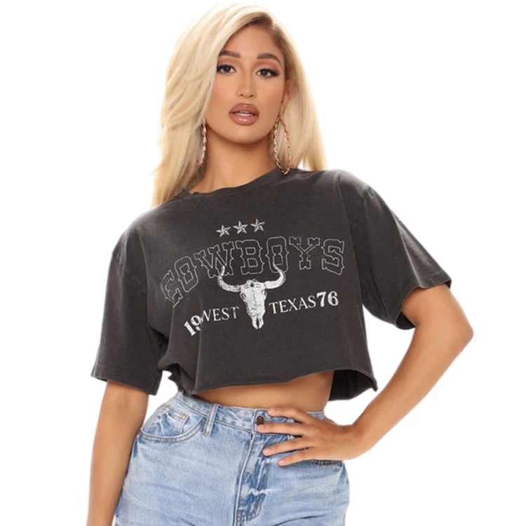 2022 New Hot Sale Custom LOGO 100% Cotton Plus Size Women Vintage Washed Oversized Crop Top Graphic Tee Shirt