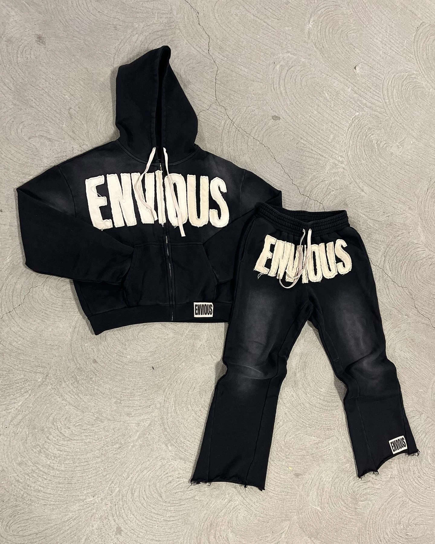 Custom Logo Distressed  French Terry Oversized Boxy Hoddies Applique Embroidery Patch Raw Edge Zipper Hoodies Men