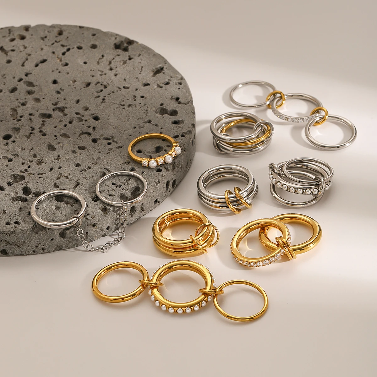 J&D Luxury 18K Gold Plated Stainless Steel  Rings Women Jewelry Irregular Wave Double Finger Rings Sets