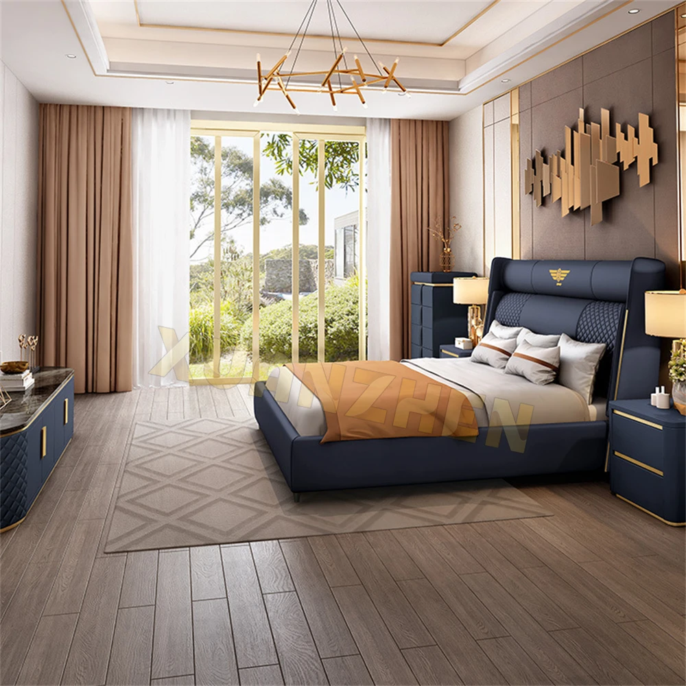 Bedroom furniture king size luxury bed set leather beautiful wooden bed frame hotel golden modern metal beds Y-X11
