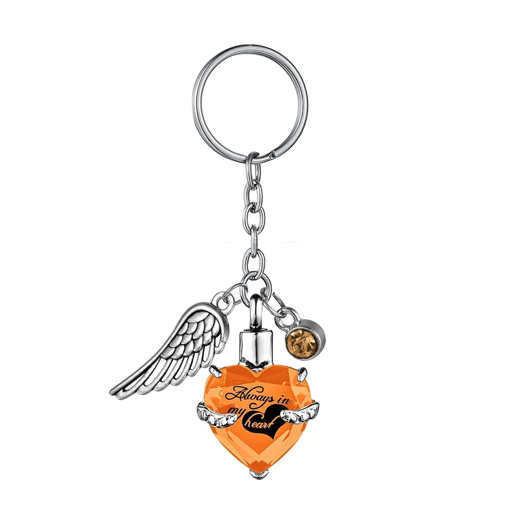 Heart with Birthstone and Angel Wing Pendant KeyChain Cremation Urn for Ashes KeyRing Jewelry to Men Women - Always in my heart