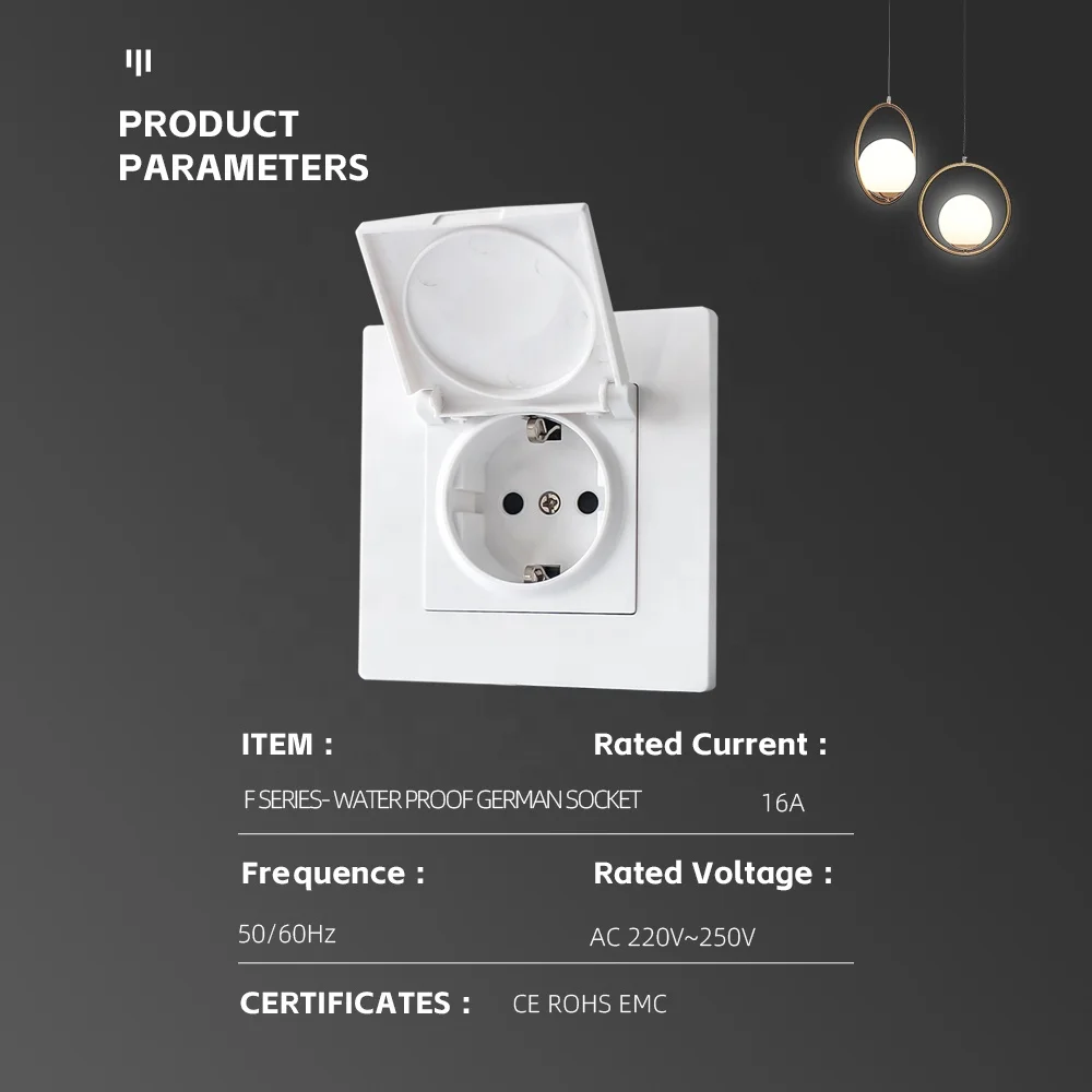 Elegant Appearance IP44 Waterproof European German Standard Electrical Power Schuko Wall Socket With Cover
