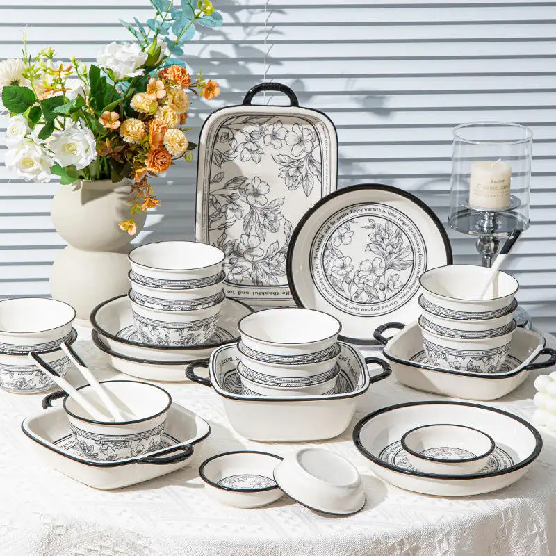Unique Restaurant Dinnerware Set Vintage Tableware Luxury Dinner Plate Ceramic Simple Full for Home and Kitchen