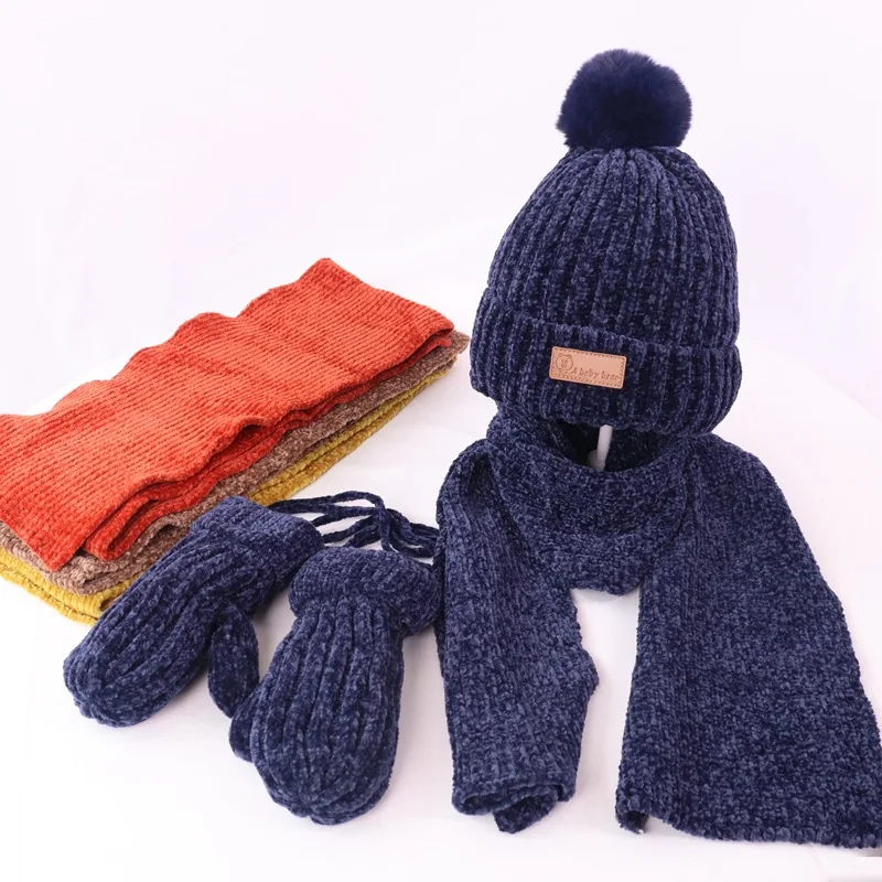 New Design winter pompom beanie hat scarf gloves 3 piece set thickened warm chenille wool hat for baby boys and girls  2-8y