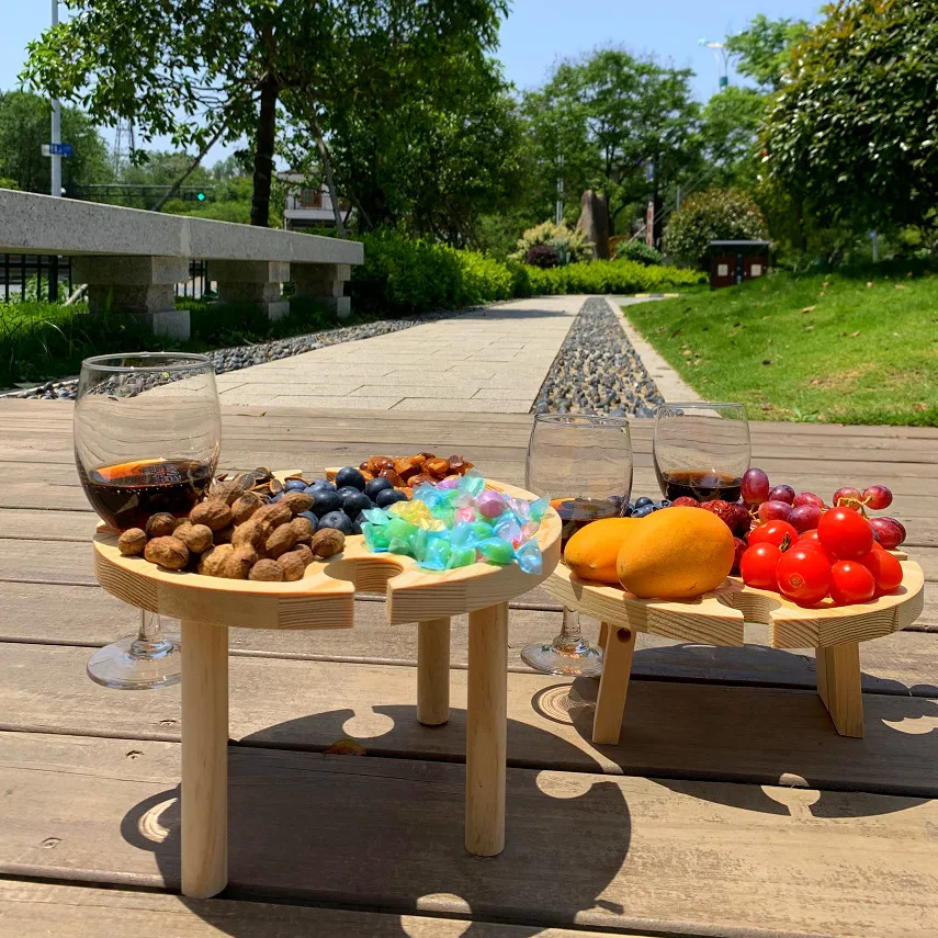 Wooden Outdoor Foldable Picnic Table with Glass Holder,Outdoor portable Wine Table, Small fold up Beach Camping Table CNLF