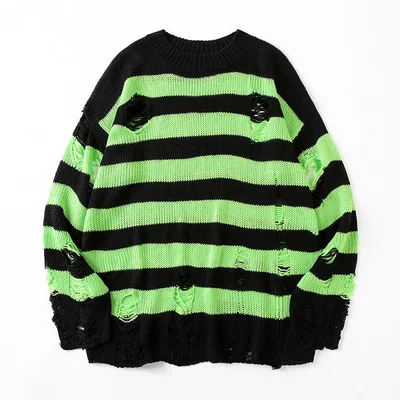 New Trendy Striped Holes Mens Knit Sweater Fashion Round Collar Long Sleeve Knitted Sweater Men