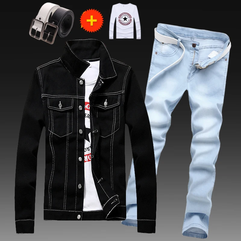 Autumn new denim jacket for men Korean style trendy slim fit denim jacket trousers suit men casual coat
