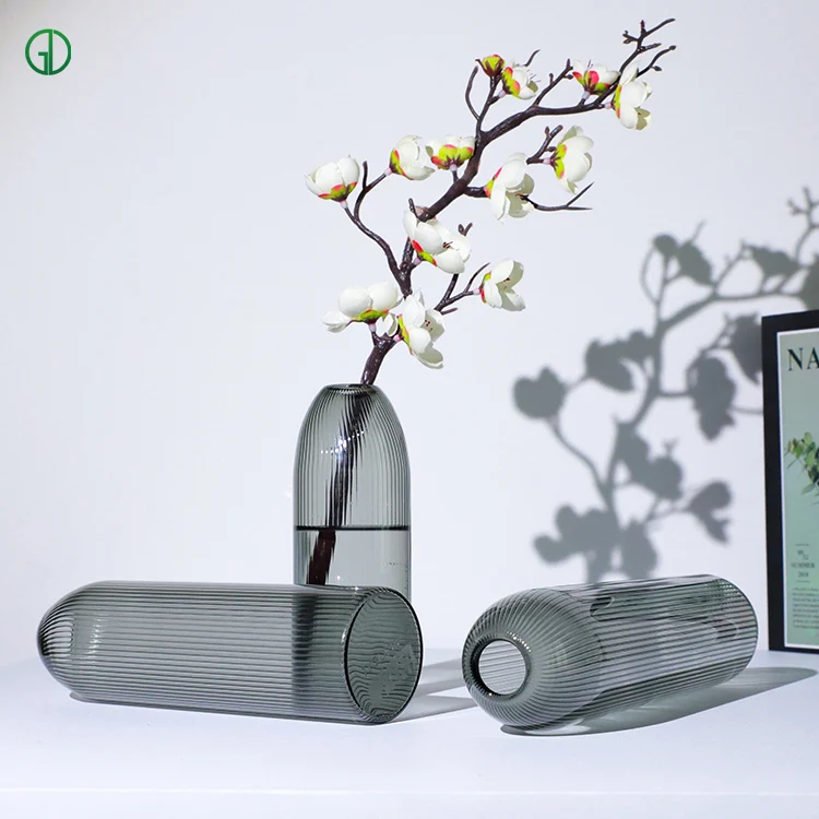 Simple Glass Stripe Light Luxury Bud Vase Creative Modern Living Room Flower Arrangement Decoration Indoor Dry Flower Decoration