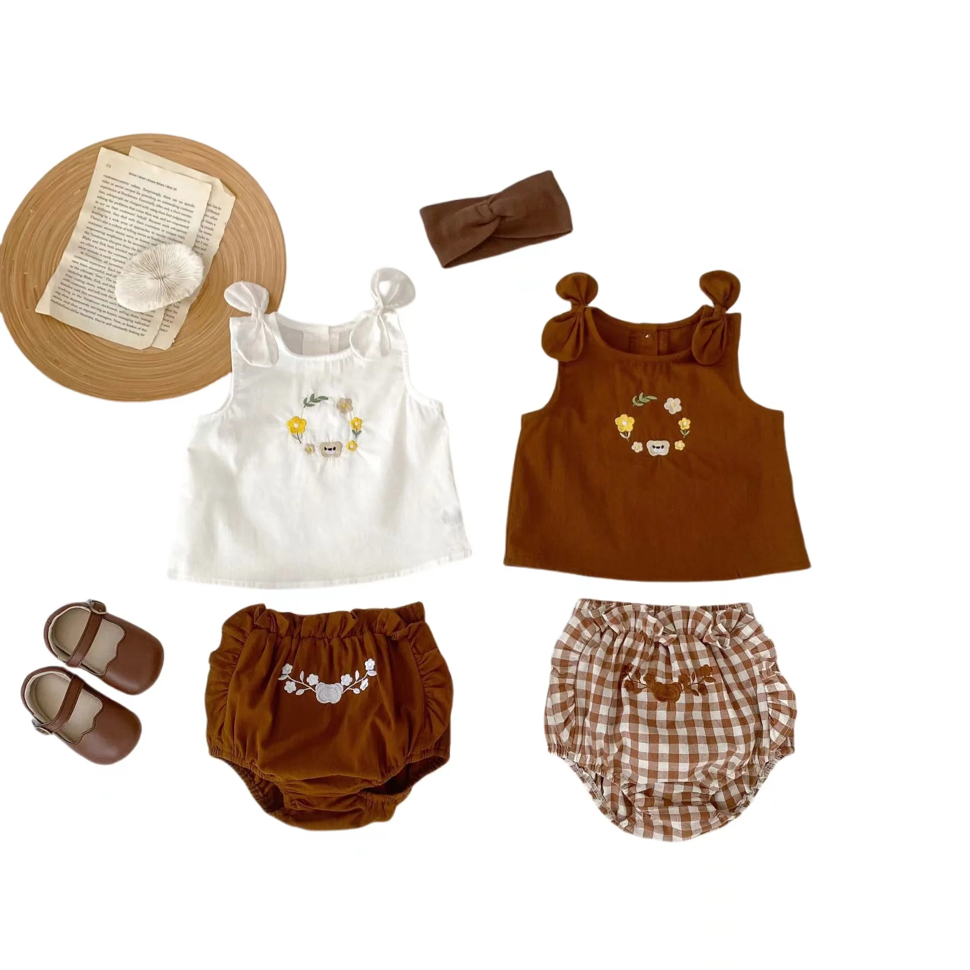 New Summer Baby Girls 2Pcs Set Embroidered With Bow And Padded Shorts Clothing Fresh and Lovely Newborn Baby Clothing Sets