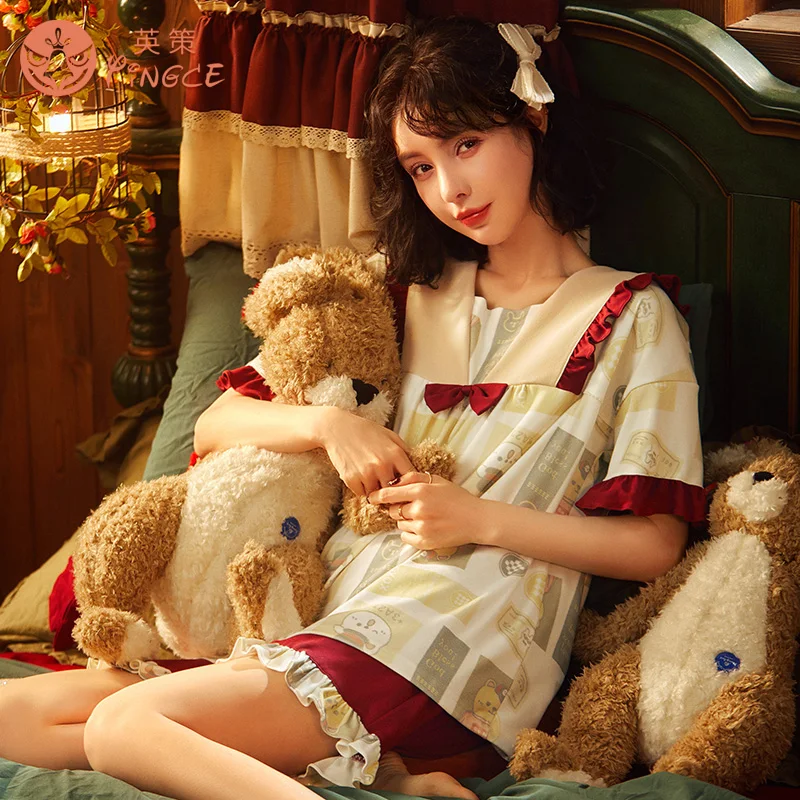 
Women summer customized short-sleeved cotton two-piece thin lapel cute cartoon printed loose plus size home clothes sleepwear 