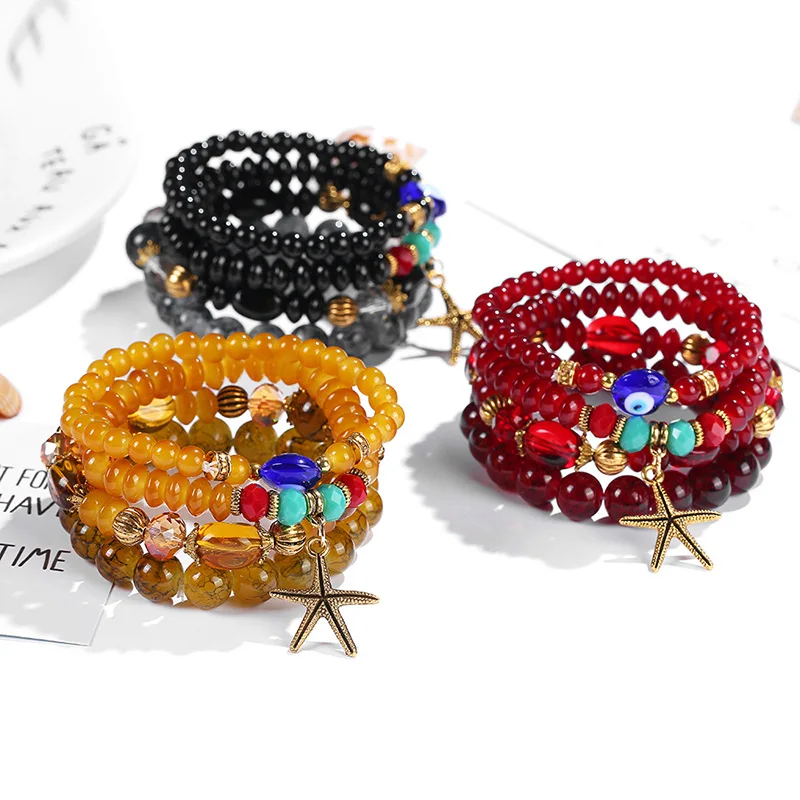 4Pcs/set Women Girl Elastic Starfish Evil Eyes Beads Bracelets Bohemian Ocean Style Resin Natural Stone