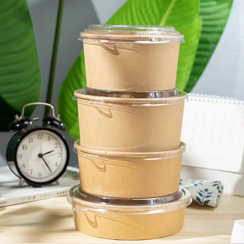 Одноразовая Салатница из коричневой бумаги с круглой крышкой для предотвращения пролития